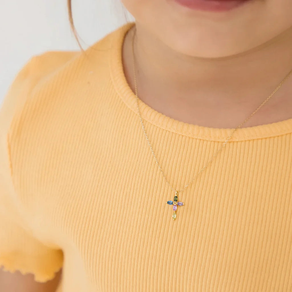 14k CZ Cross Girls Pendant 16"