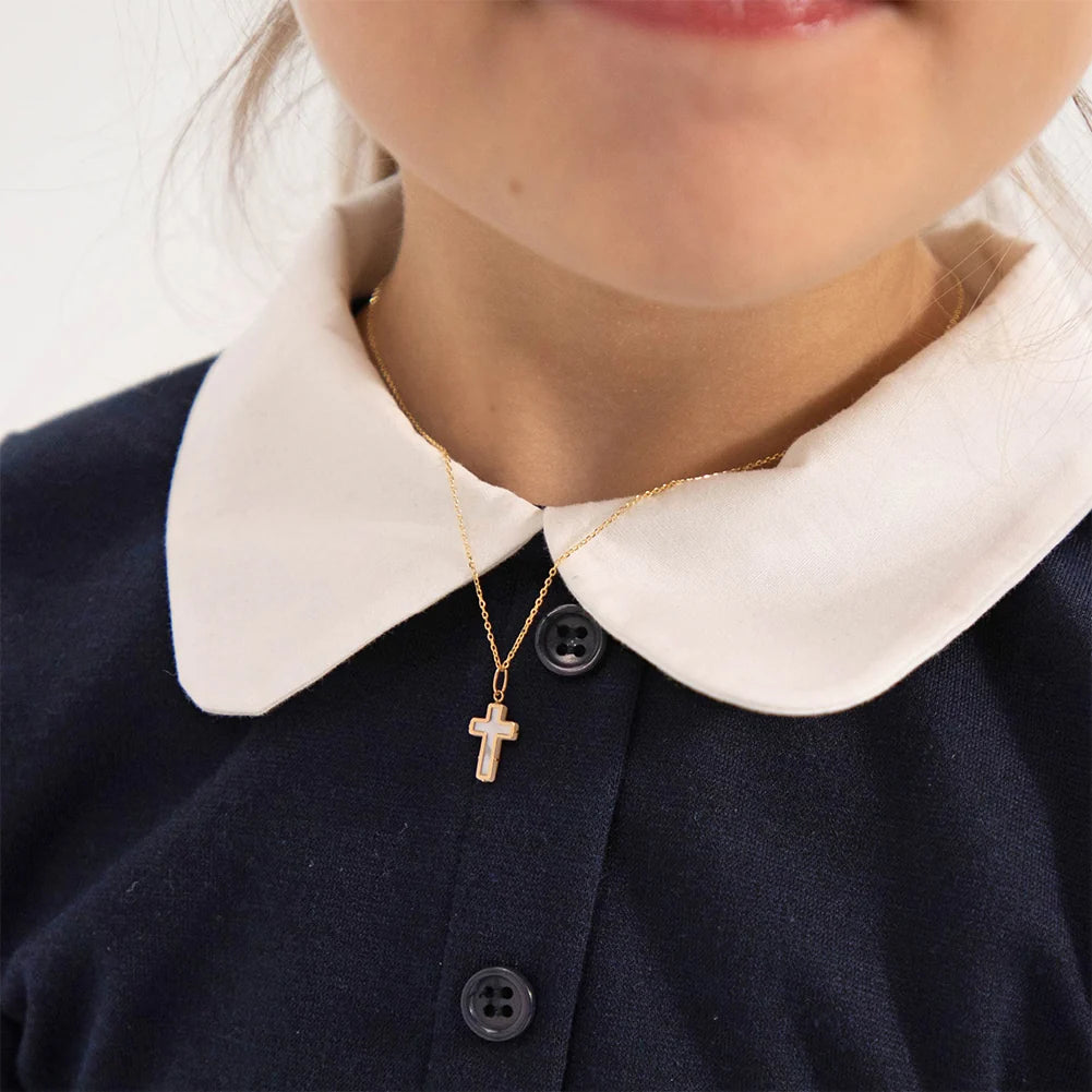 14k Gold Mother of Pearl Cross Pendant 16"