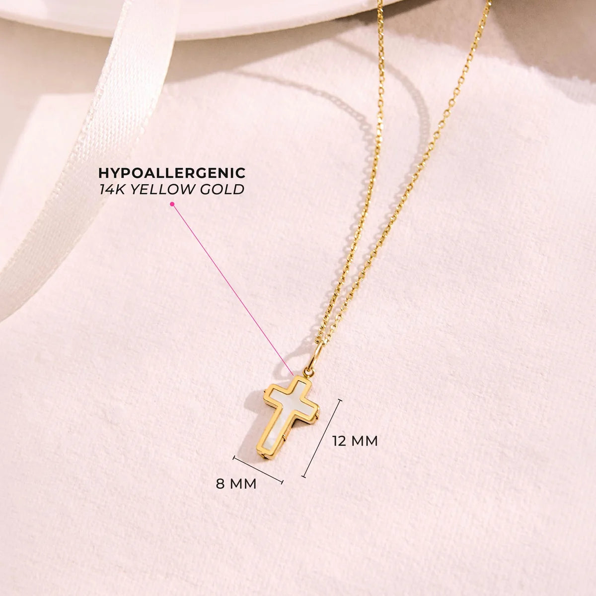 14k Gold Mother of Pearl Cross Pendant 16"
